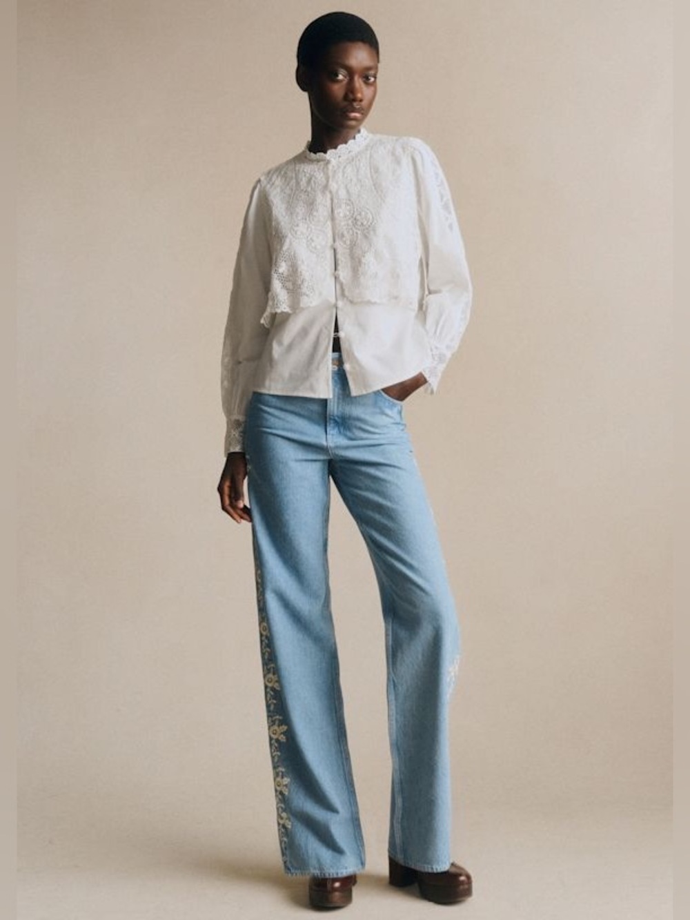 Sézane VALENTIN TROUSERS - SÉZANE X SEA NY DENIM BLUE WITH CREAM EMBROIDERY - Picture 2 of 11
